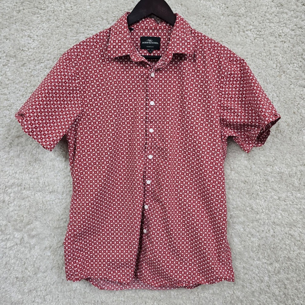 Rodd & Gunn Shirt Mens L Short Sleeve Button Front Red Geometric Print Cotton
